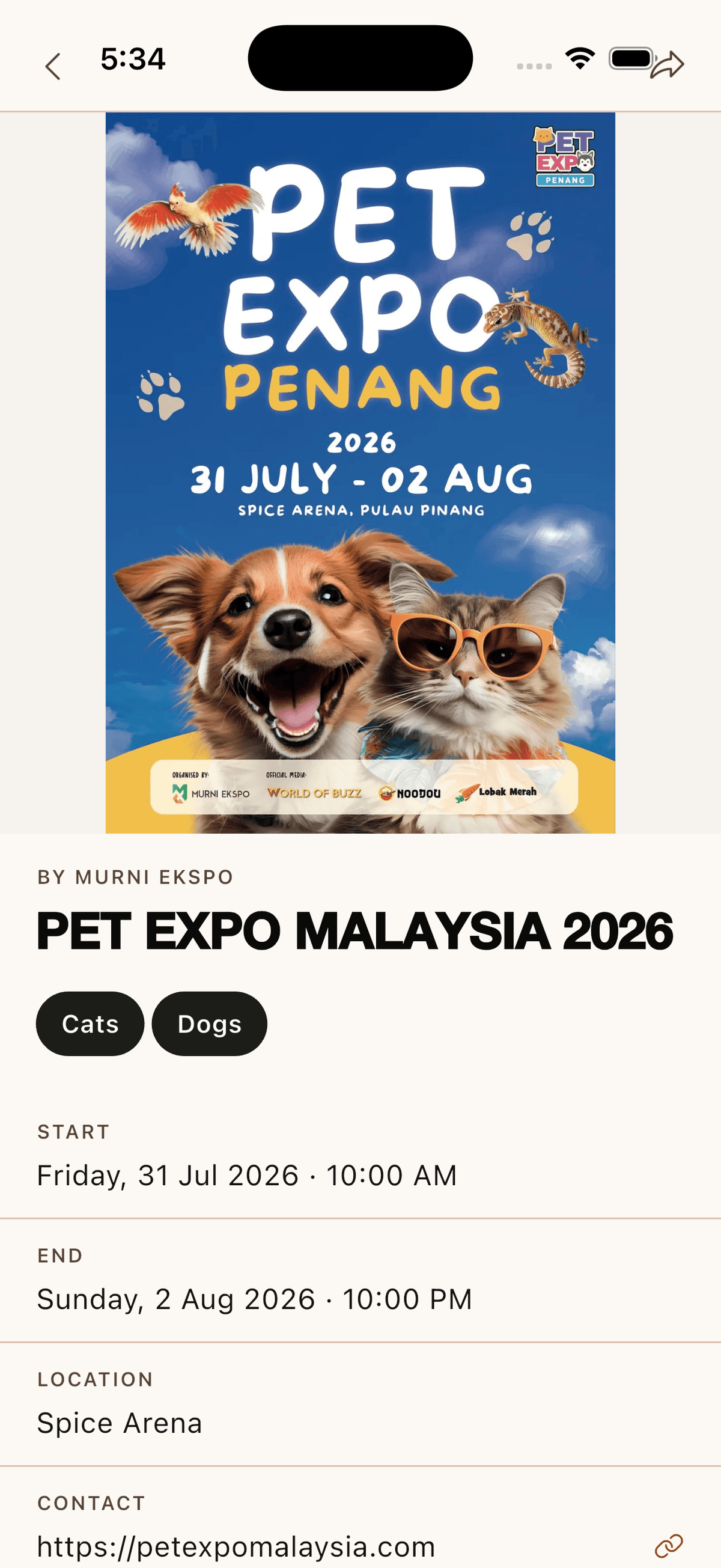 PetOK event detail screen for a pet-friendly event in Penang